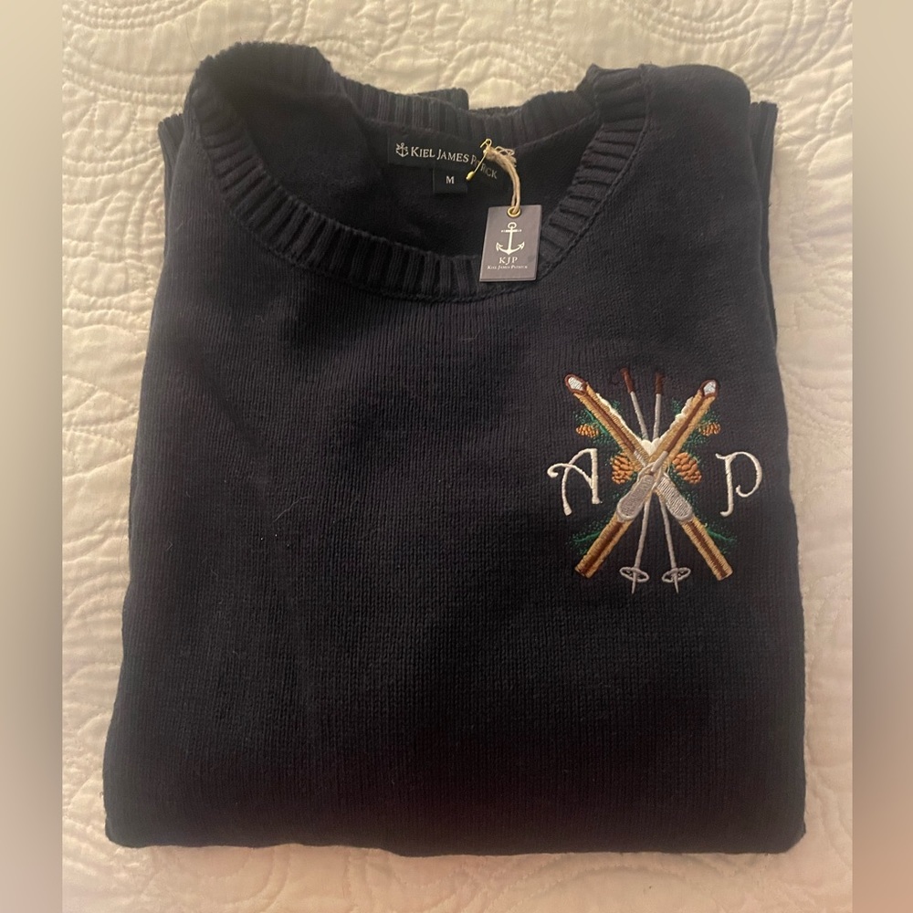 Kiel James Patrick | Linen Cotton Blend Crew Neck Monogrammed Sweater AP Navy